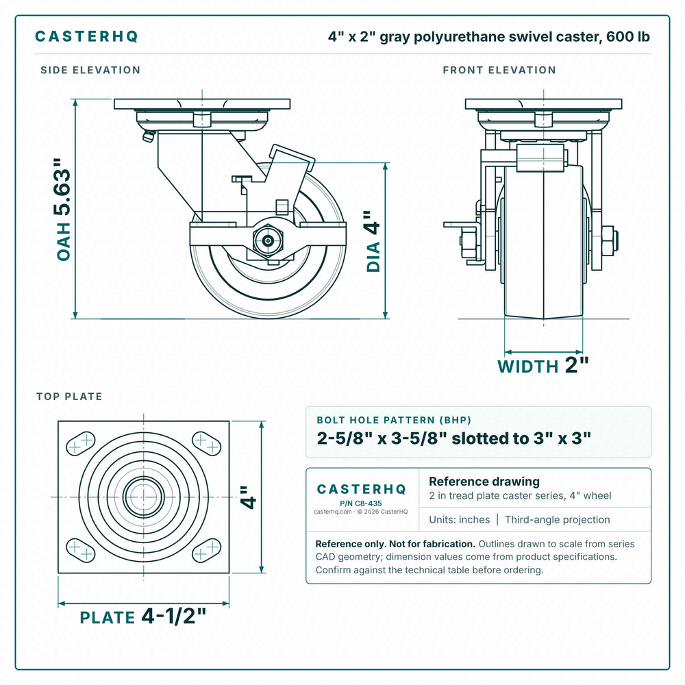 4 x 2 in gray polyurethane swivel caster reference drawing, side, front and top plate views with dimensions