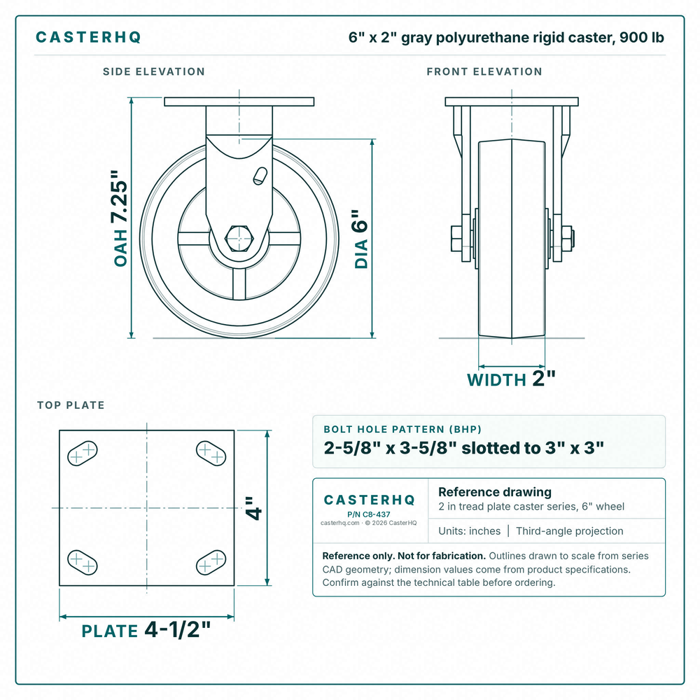 6 x 2 in gray polyurethane rigid caster reference drawing, side, front and top plate views with dimensions
