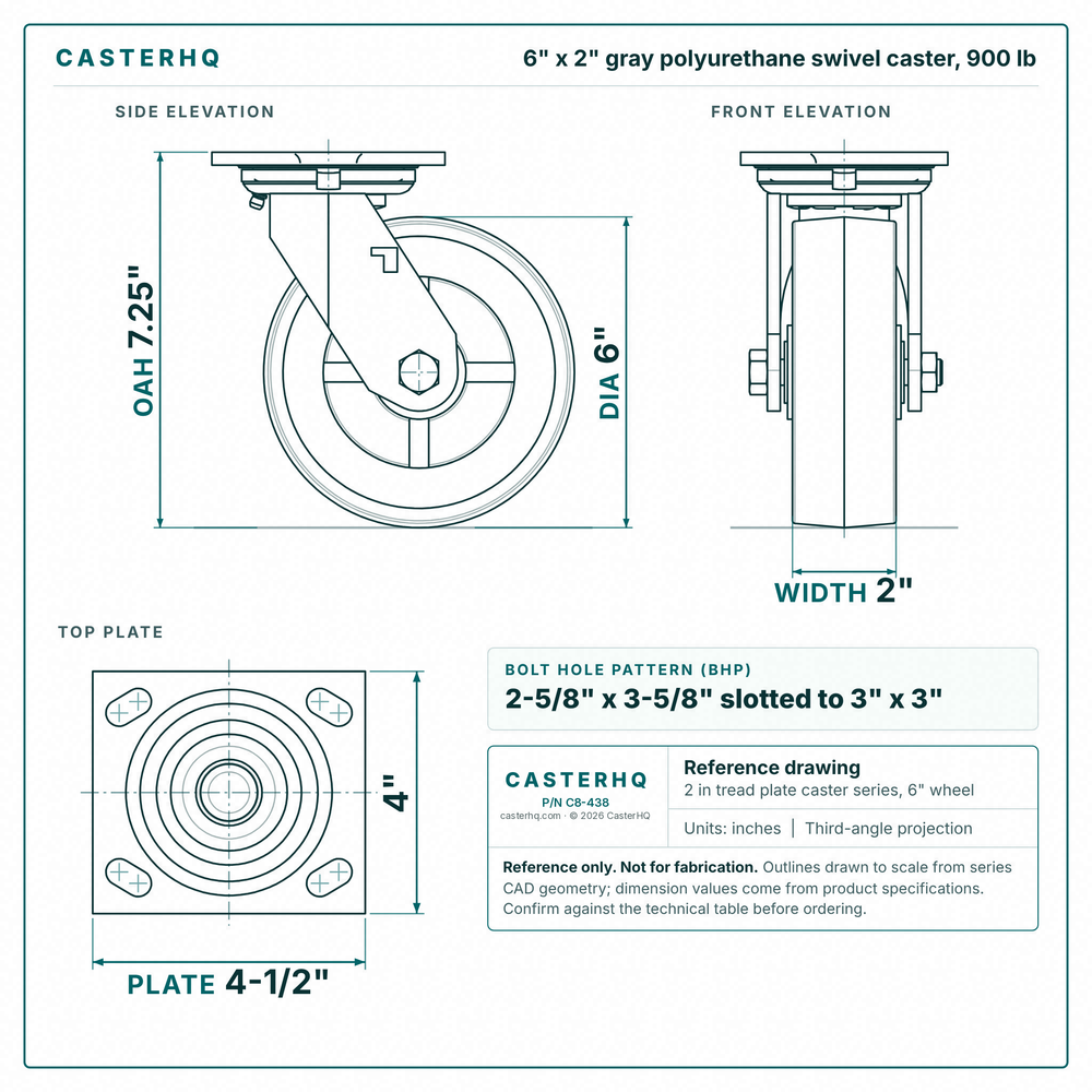 6 x 2 in gray polyurethane swivel caster reference drawing, side, front and top plate views with dimensions