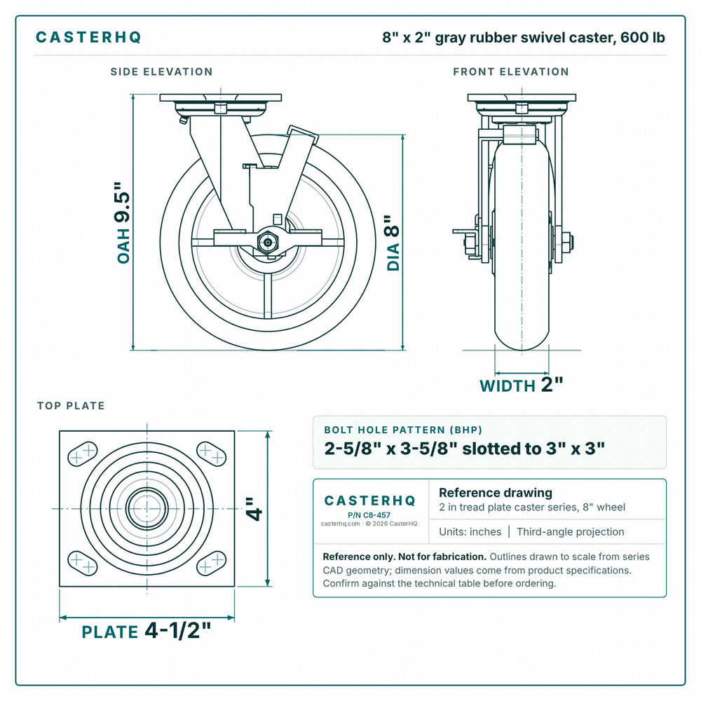 8 x 2 in gray rubber swivel caster reference drawing, side, front and top plate views with dimensions