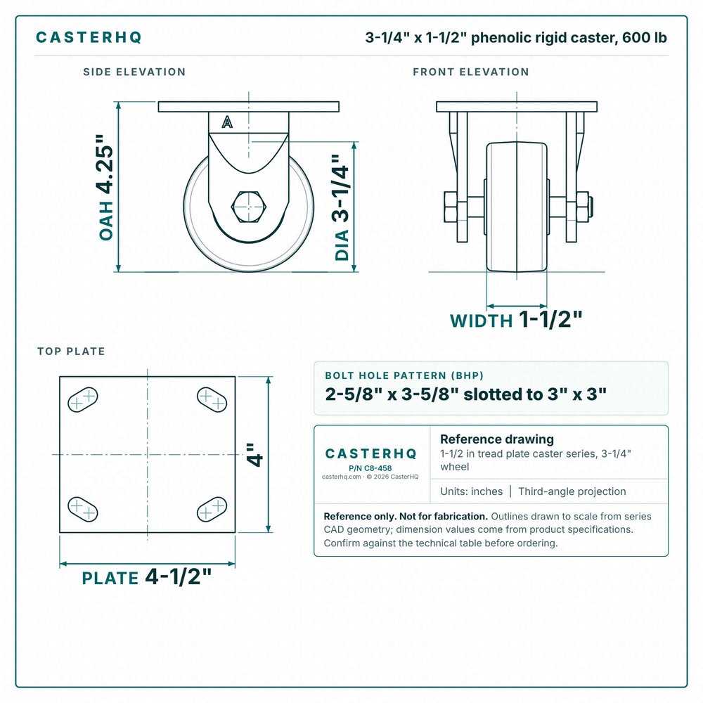 3-1/4 x 1-1/2 in phenolic rigid caster reference drawing, side, front and top plate views with dimensions