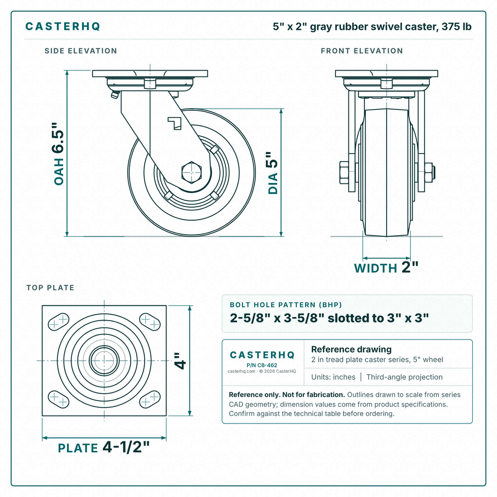 5 x 2 in gray rubber swivel caster reference drawing, side, front and top plate views with dimensions