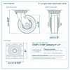 5 x 2 in gray rubber swivel caster reference drawing, side, front and top plate views with dimensions