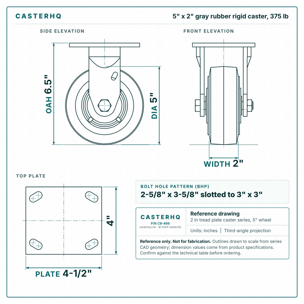 5 x 2 in gray rubber rigid caster reference drawing, side, front and top plate views with dimensions