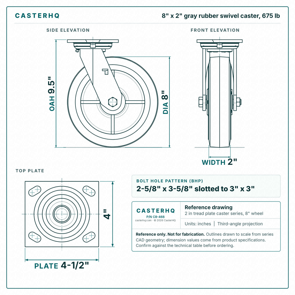 8 x 2 in gray rubber swivel caster reference drawing, side, front and top plate views with dimensions
