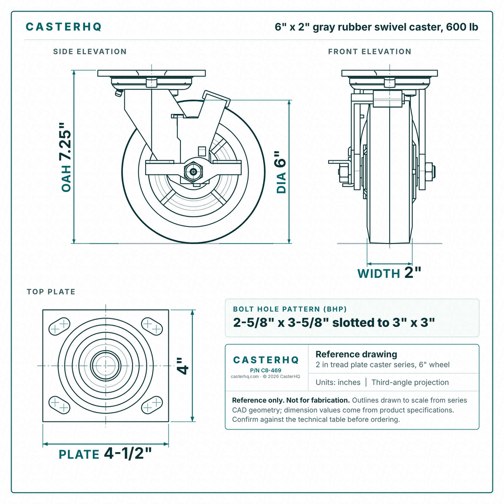 6 x 2 in gray rubber swivel caster reference drawing, side, front and top plate views with dimensions