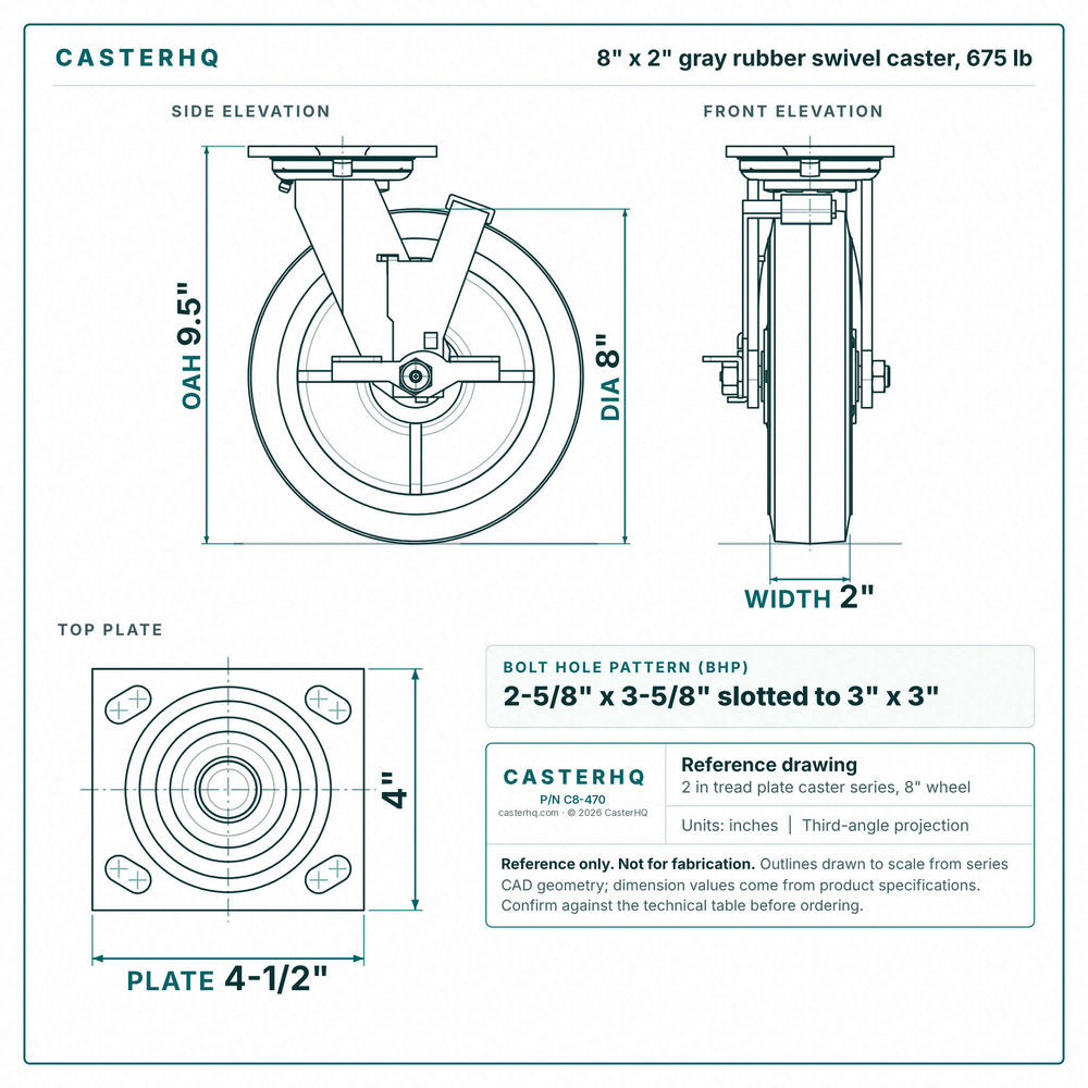 8 x 2 in gray rubber swivel caster reference drawing, side, front and top plate views with dimensions