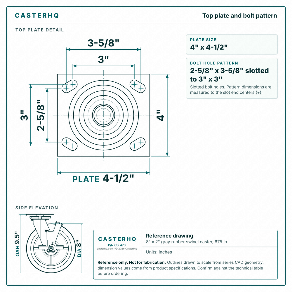Top plate bolt pattern drawing, ["4\" x 4-1/2\""] plate, slotted bolt holes