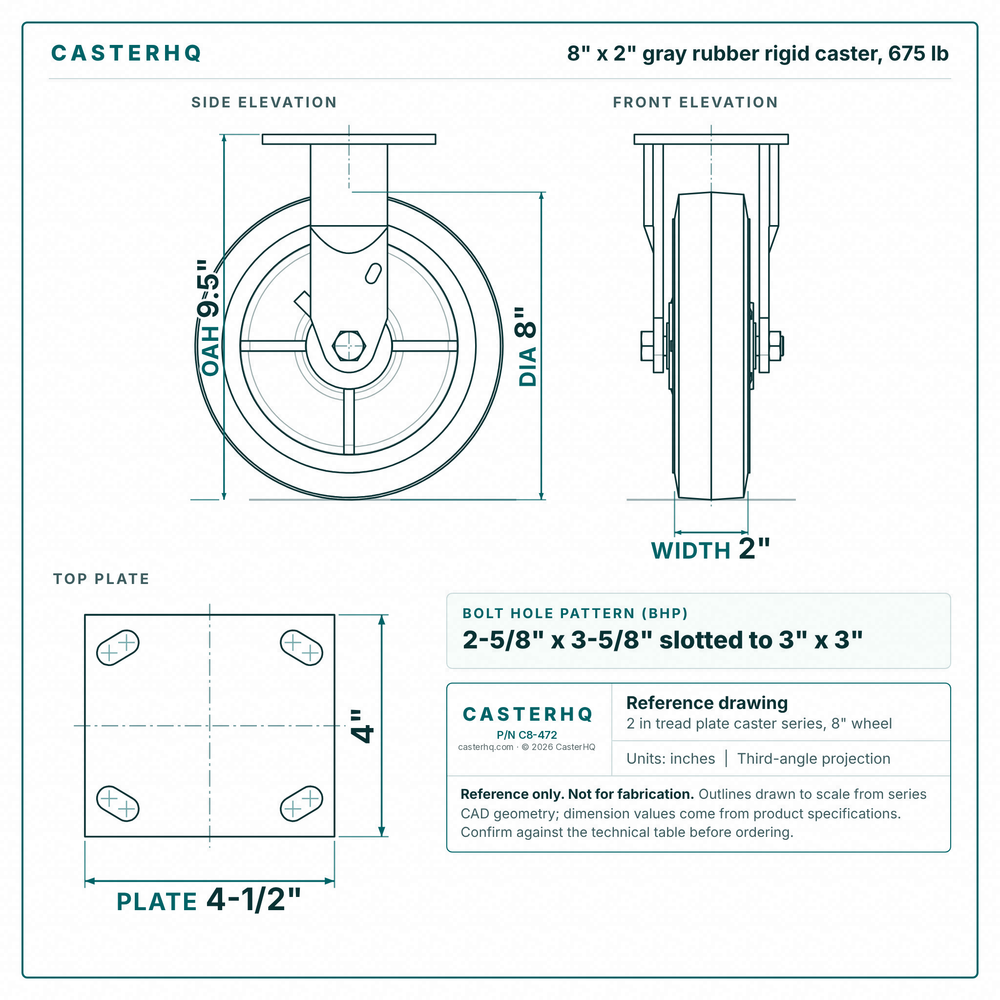 8 x 2 in gray rubber rigid caster reference drawing, side, front and top plate views with dimensions