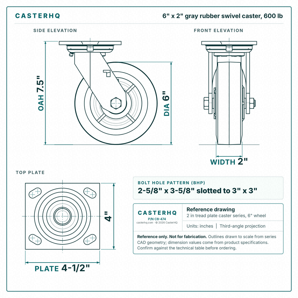 6 x 2 in gray rubber swivel caster reference drawing, side, front and top plate views with dimensions