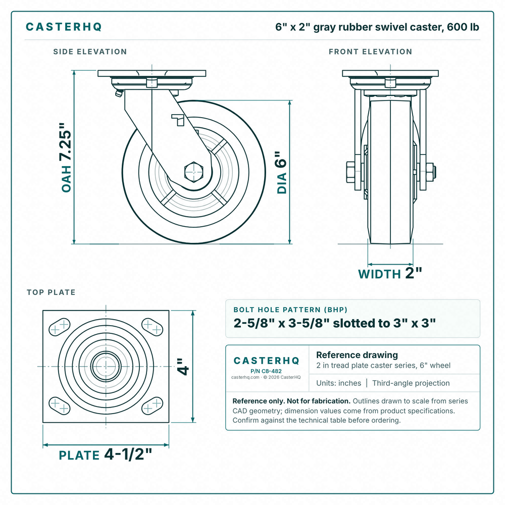 6 x 2 in gray rubber swivel caster reference drawing, side, front and top plate views with dimensions