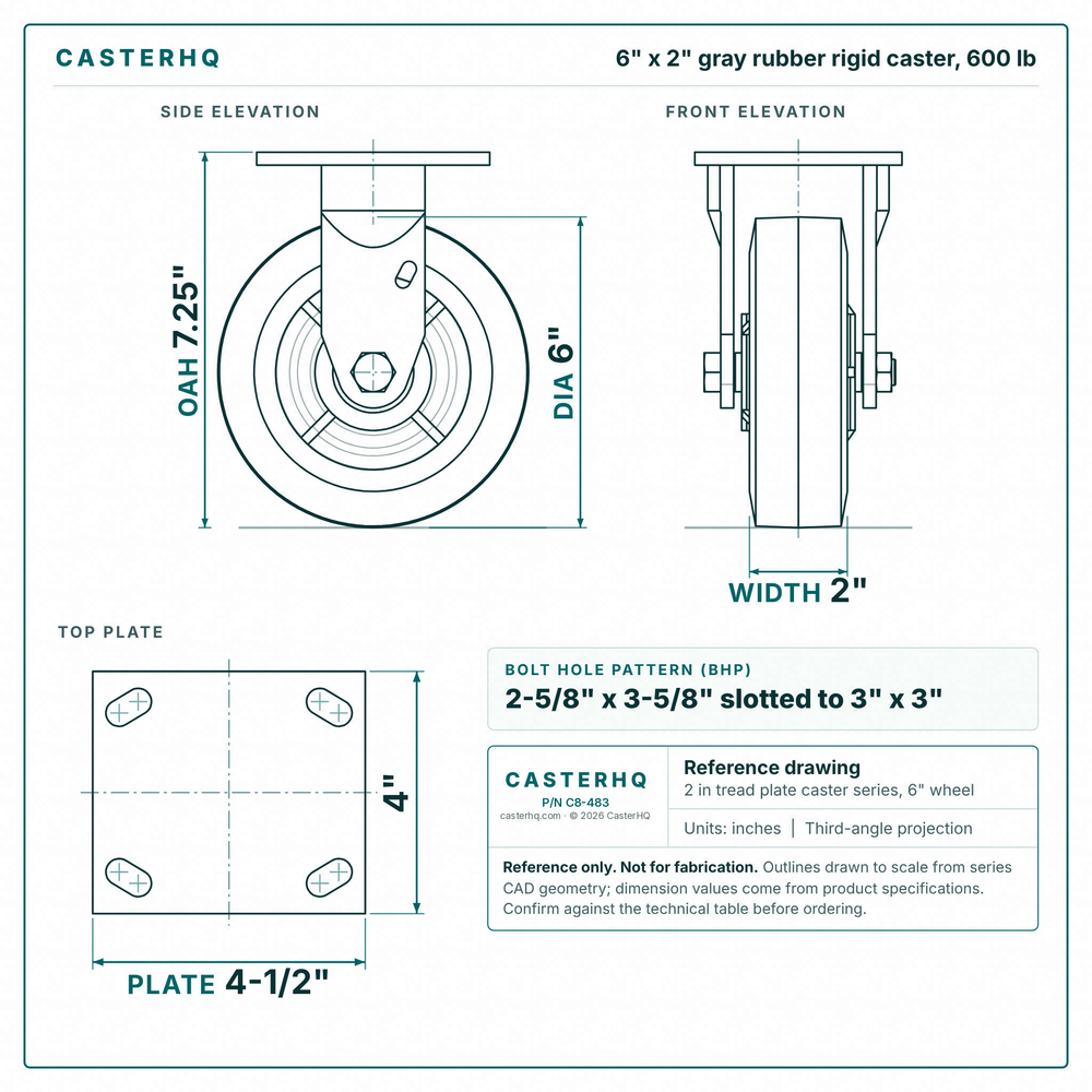 6 x 2 in gray rubber rigid caster reference drawing, side, front and top plate views with dimensions