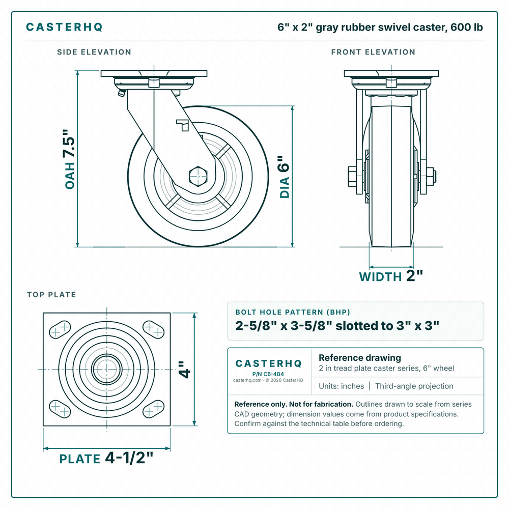 6 x 2 in gray rubber swivel caster reference drawing, side, front and top plate views with dimensions