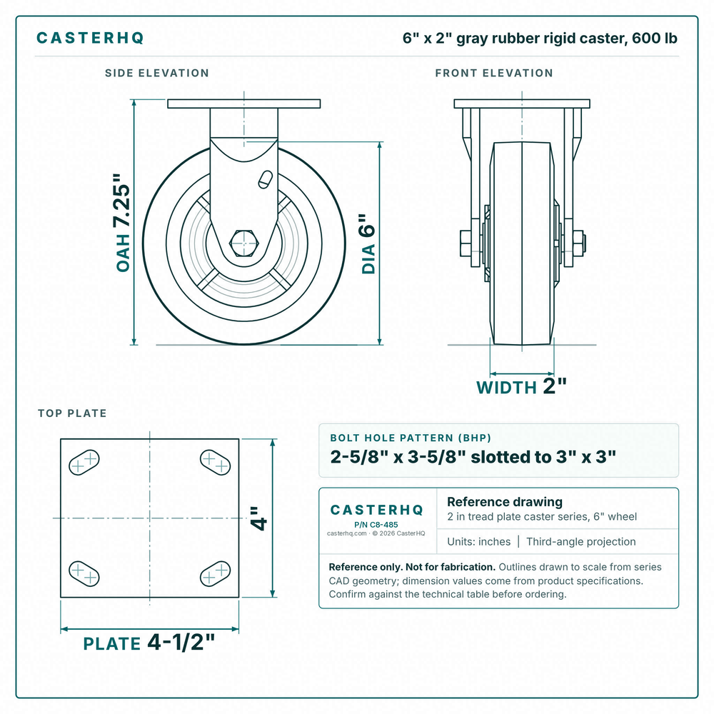 6 x 2 in gray rubber rigid caster reference drawing, side, front and top plate views with dimensions