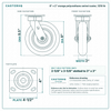 8 x 2 in orange polyurethane swivel caster reference drawing, side, front and top plate views with dimensions