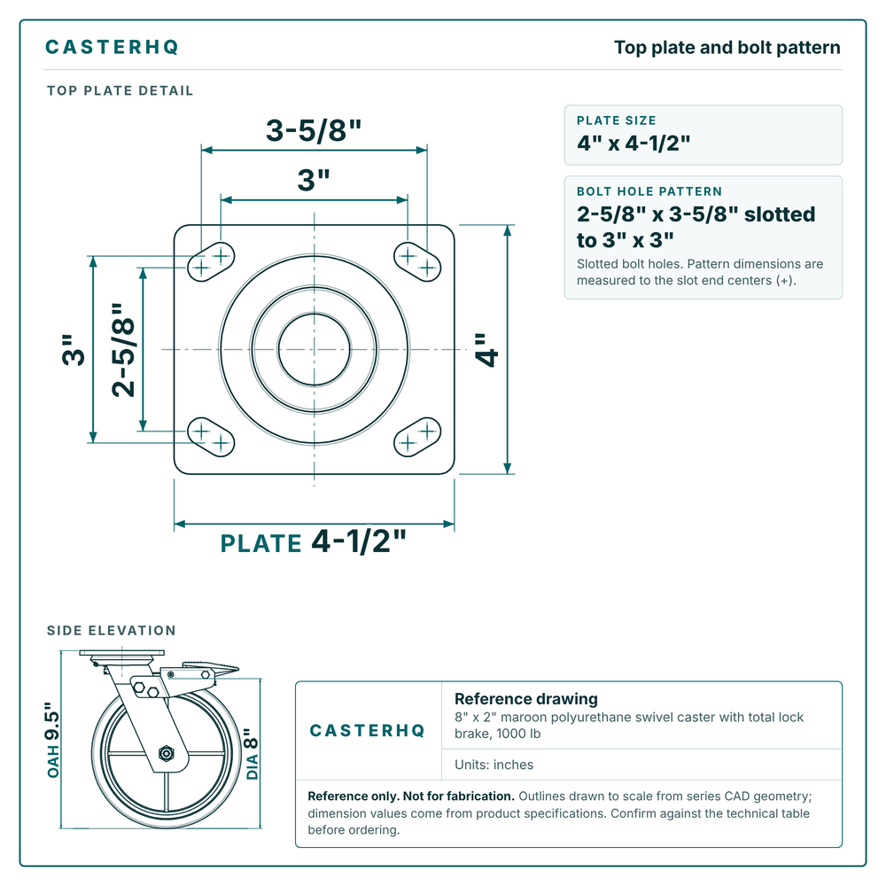 Top plate bolt pattern drawing, 4 x 4-1/2 in plate, slotted bolt holes