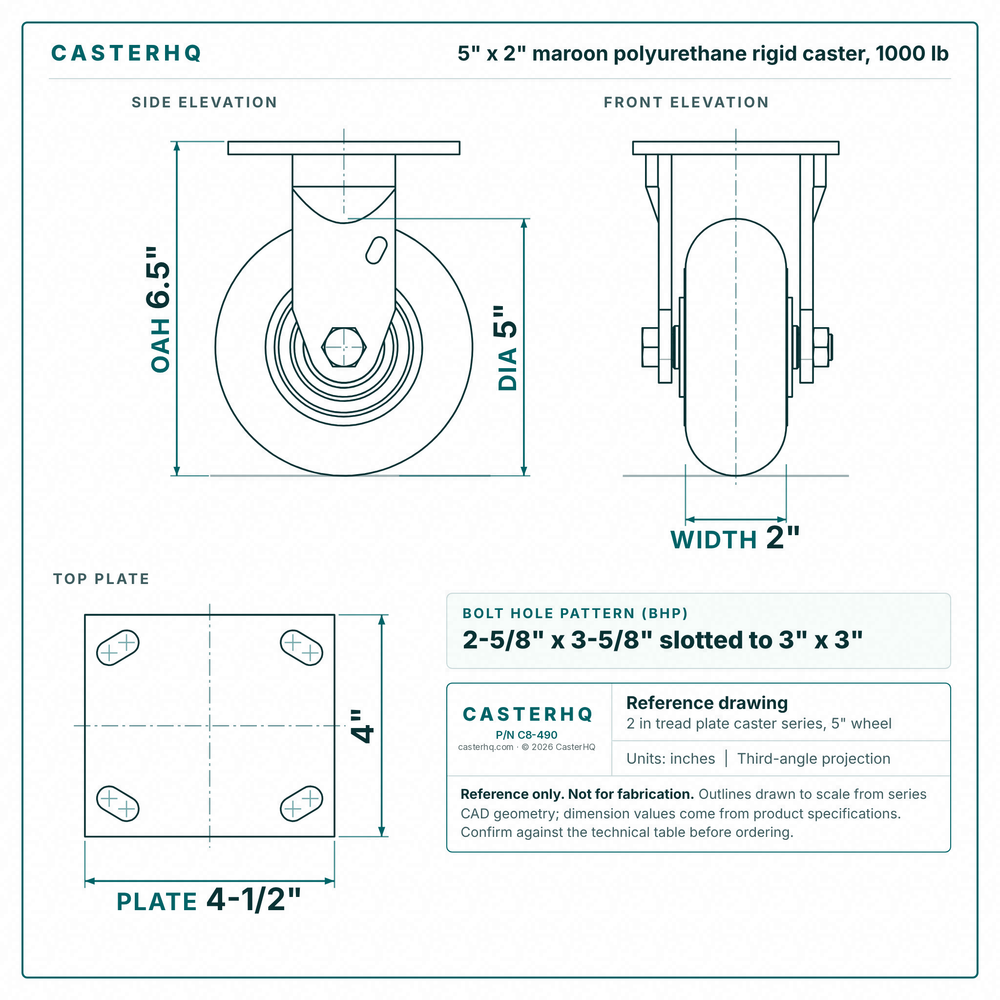 5 x 2 in maroon polyurethane rigid caster reference drawing, side, front and top plate views with dimensions