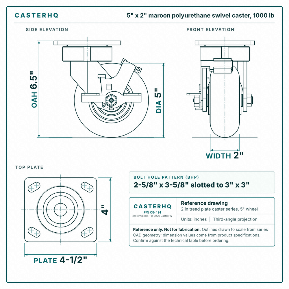 5 x 2 in maroon polyurethane swivel caster reference drawing, side, front and top plate views with dimensions
