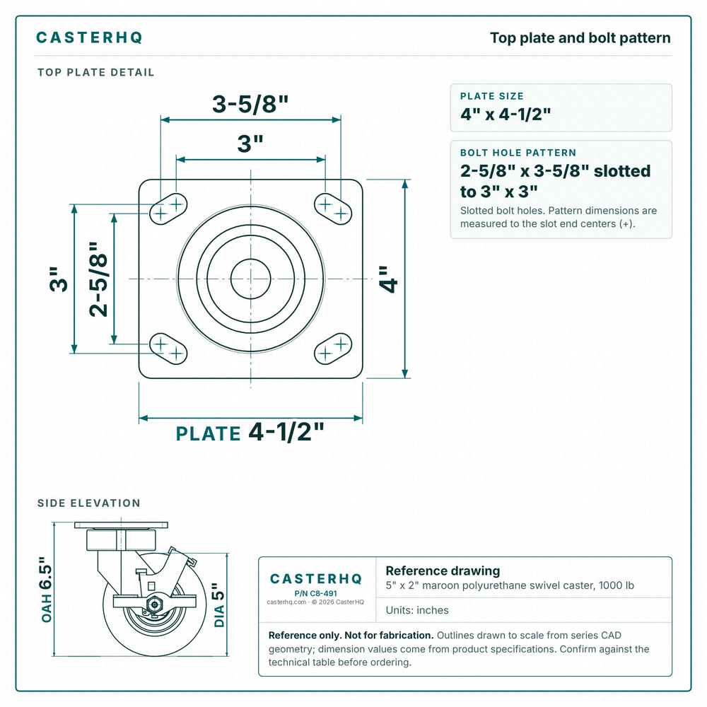 Top plate bolt pattern drawing, ["4\" x 4-1/2\""] plate, slotted bolt holes