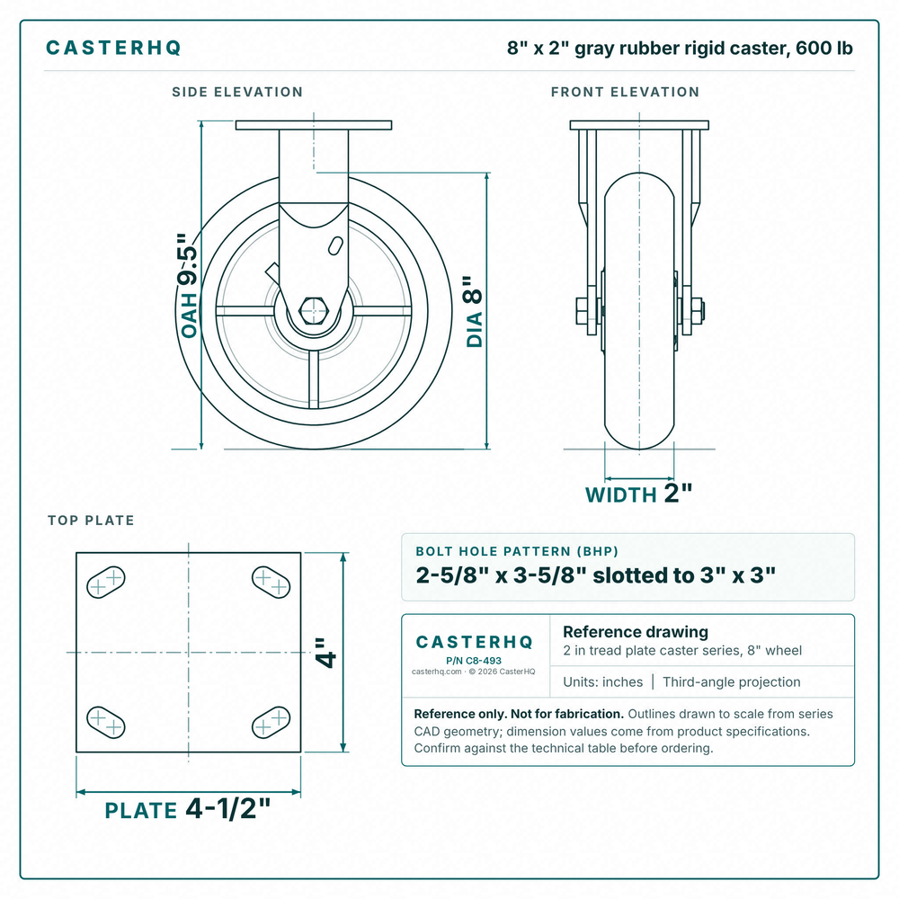 8 x 2 in gray rubber rigid caster reference drawing, side, front and top plate views with dimensions