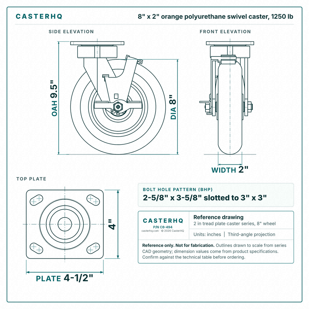 8 x 2 in orange polyurethane swivel caster reference drawing, side, front and top plate views with dimensions