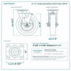 8 x 2 in orange polyurethane swivel caster reference drawing, side, front and top plate views with dimensions