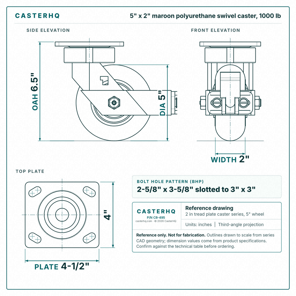 5 x 2 in maroon polyurethane swivel caster reference drawing, side, front and top plate views with dimensions