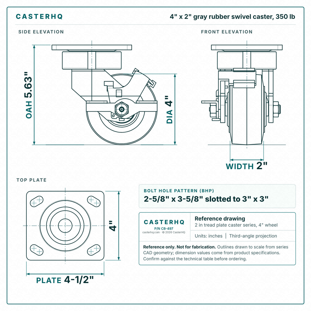 4 x 2 in gray rubber swivel caster reference drawing, side, front and top plate views with dimensions