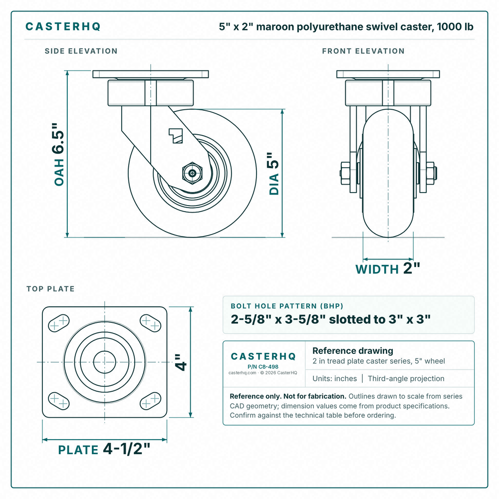 5 x 2 in maroon polyurethane swivel caster reference drawing, side, front and top plate views with dimensions