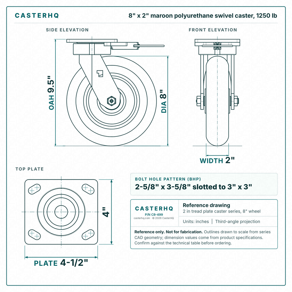 8 x 2 in maroon polyurethane swivel caster reference drawing, side, front and top plate views with dimensions