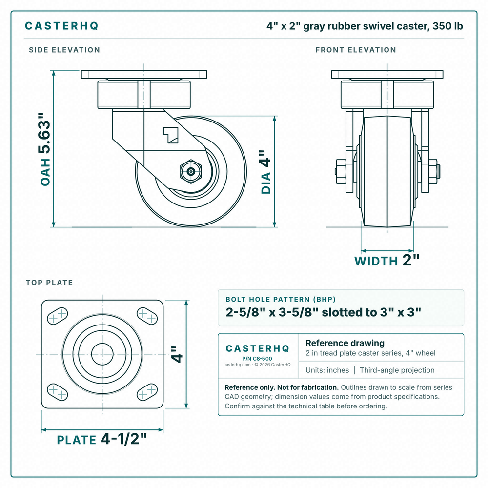 4 x 2 in gray rubber swivel caster reference drawing, side, front and top plate views with dimensions