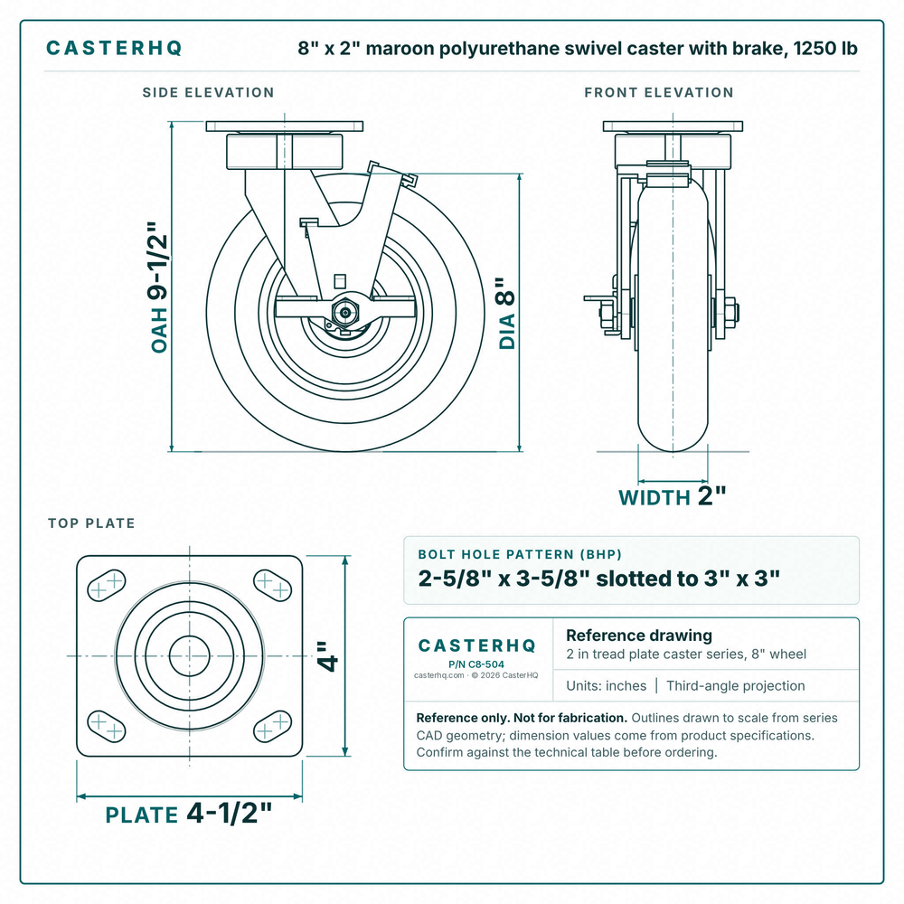 8 x 2 in maroon polyurethane swivel caster with brake reference drawing, side, front and top plate views with dimensions