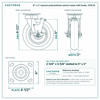 8 x 2 in maroon polyurethane swivel caster with brake reference drawing, side, front and top plate views with dimensions