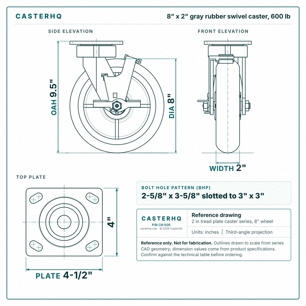 8 x 2 in gray rubber swivel caster reference drawing, side, front and top plate views with dimensions