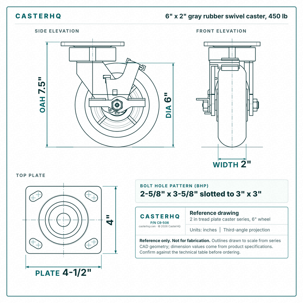 6 x 2 in gray rubber swivel caster reference drawing, side, front and top plate views with dimensions