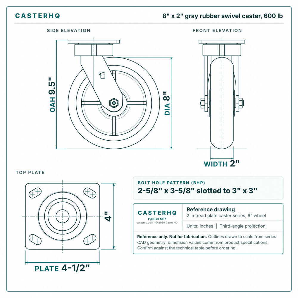 8 x 2 in gray rubber swivel caster reference drawing, side, front and top plate views with dimensions