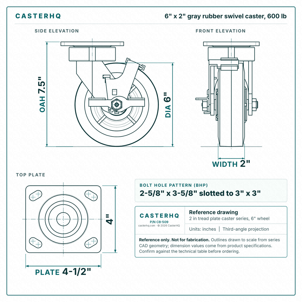 6 x 2 in gray rubber swivel caster reference drawing, side, front and top plate views with dimensions