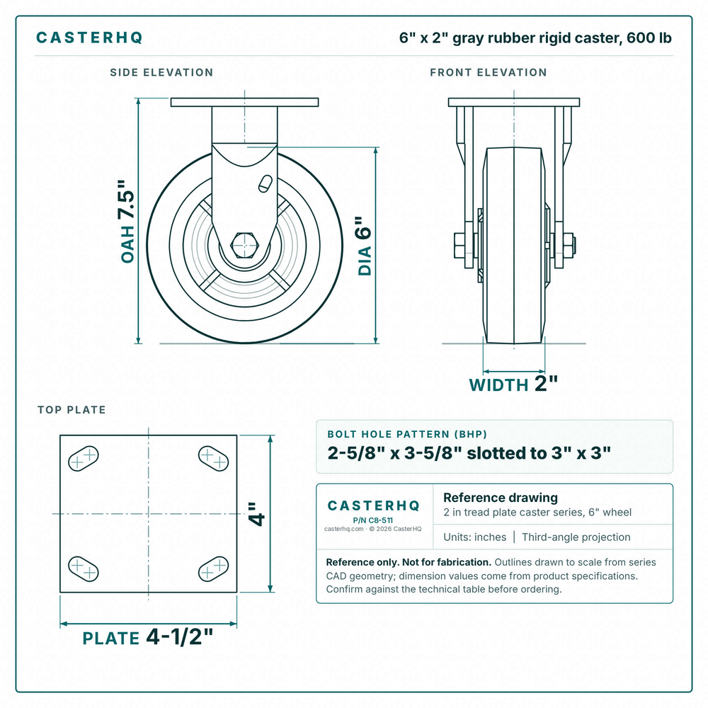 6 x 2 in gray rubber rigid caster reference drawing, side, front and top plate views with dimensions