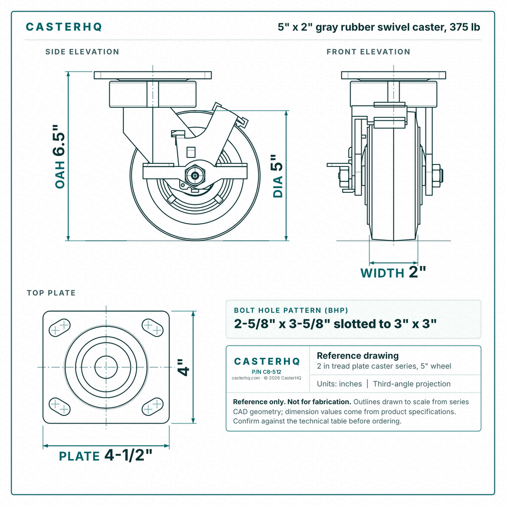 5 x 2 in gray rubber swivel caster reference drawing, side, front and top plate views with dimensions