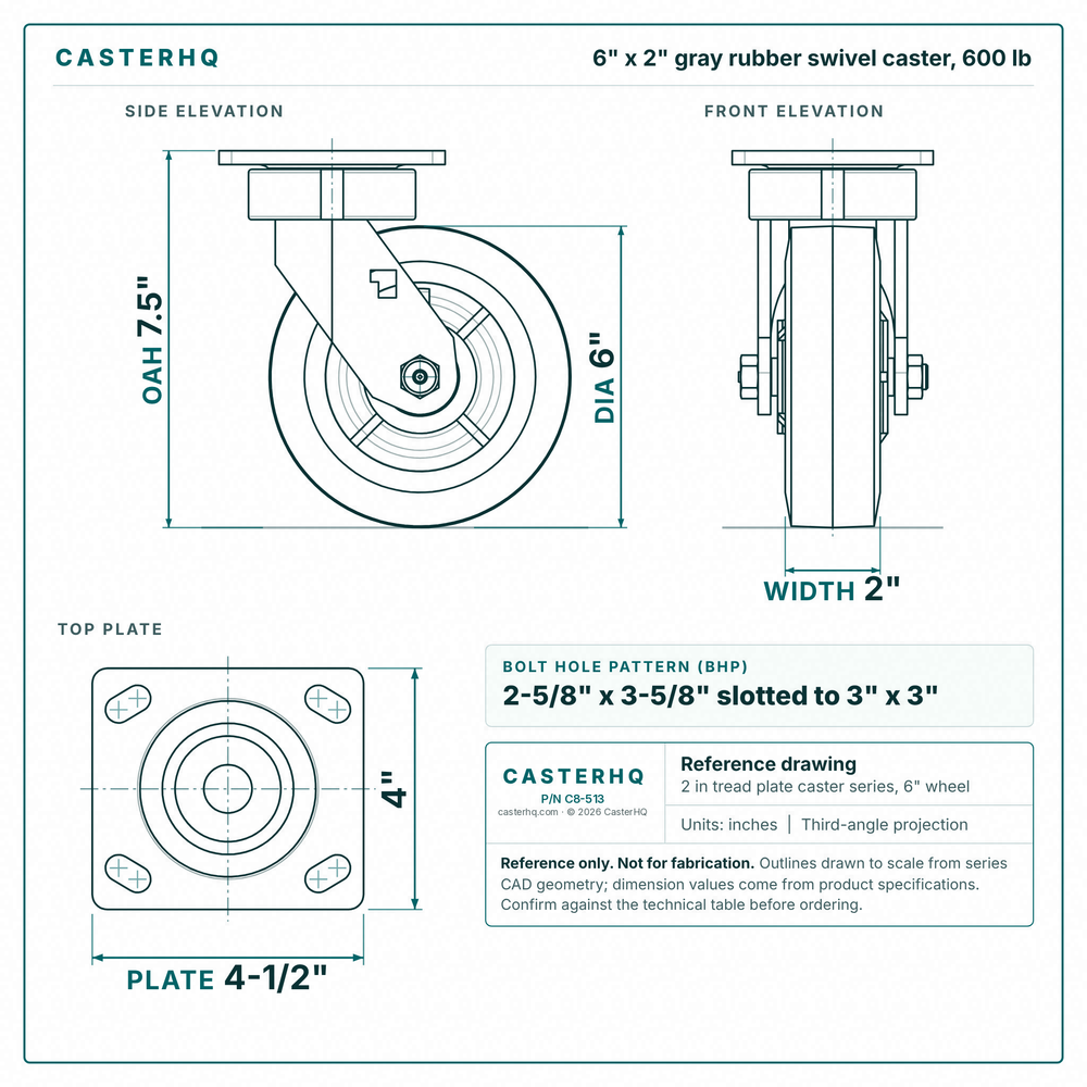 6 x 2 in gray rubber swivel caster reference drawing, side, front and top plate views with dimensions