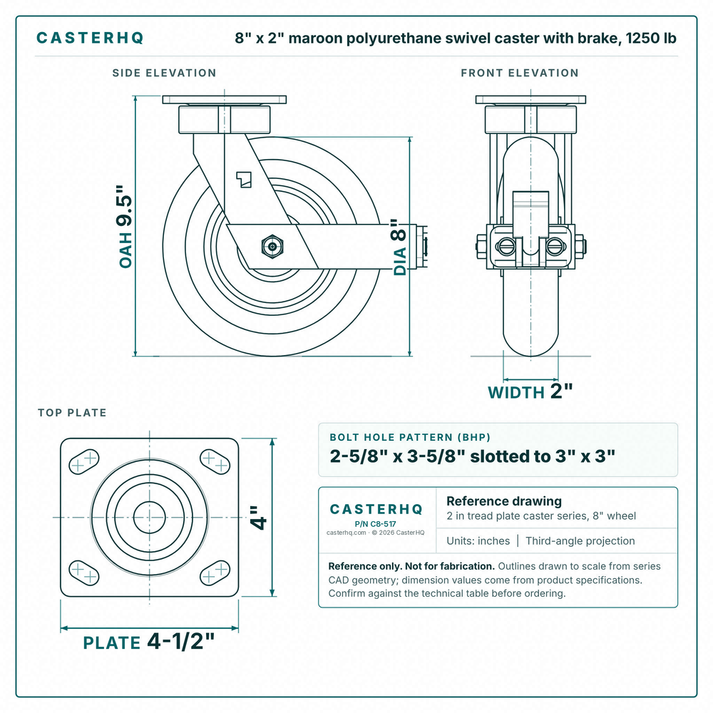 8 x 2 in maroon polyurethane swivel caster with brake reference drawing, side, front and top plate views with dimensions