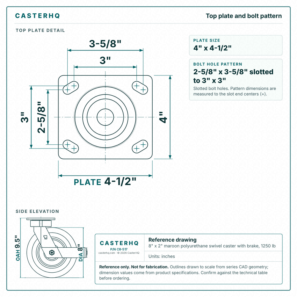 Top plate bolt pattern drawing, ["4\" x 4-1/2\""] plate, slotted bolt holes