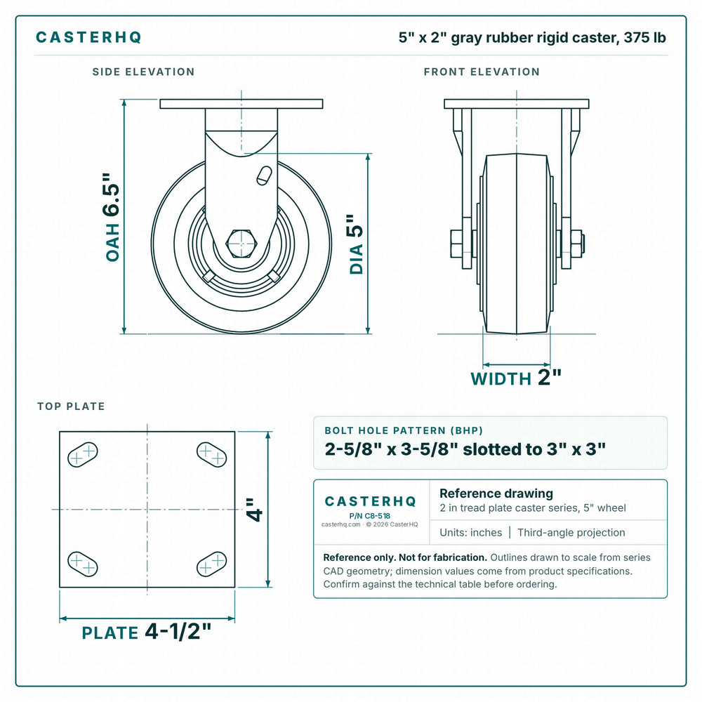 5 x 2 in gray rubber rigid caster reference drawing, side, front and top plate views with dimensions