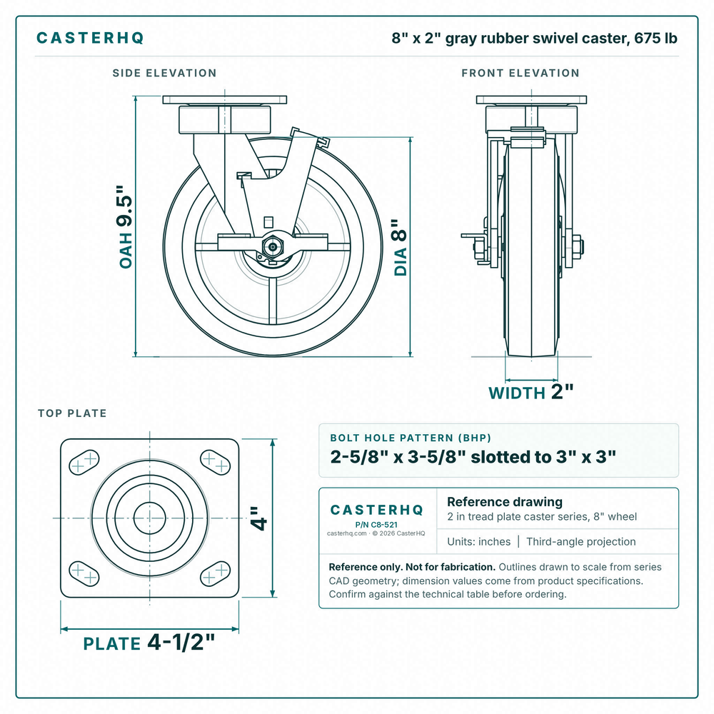8 x 2 in gray rubber swivel caster reference drawing, side, front and top plate views with dimensions