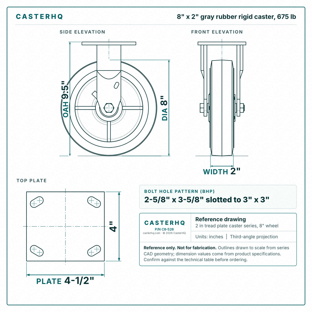 8 x 2 in gray rubber rigid caster reference drawing, side, front and top plate views with dimensions