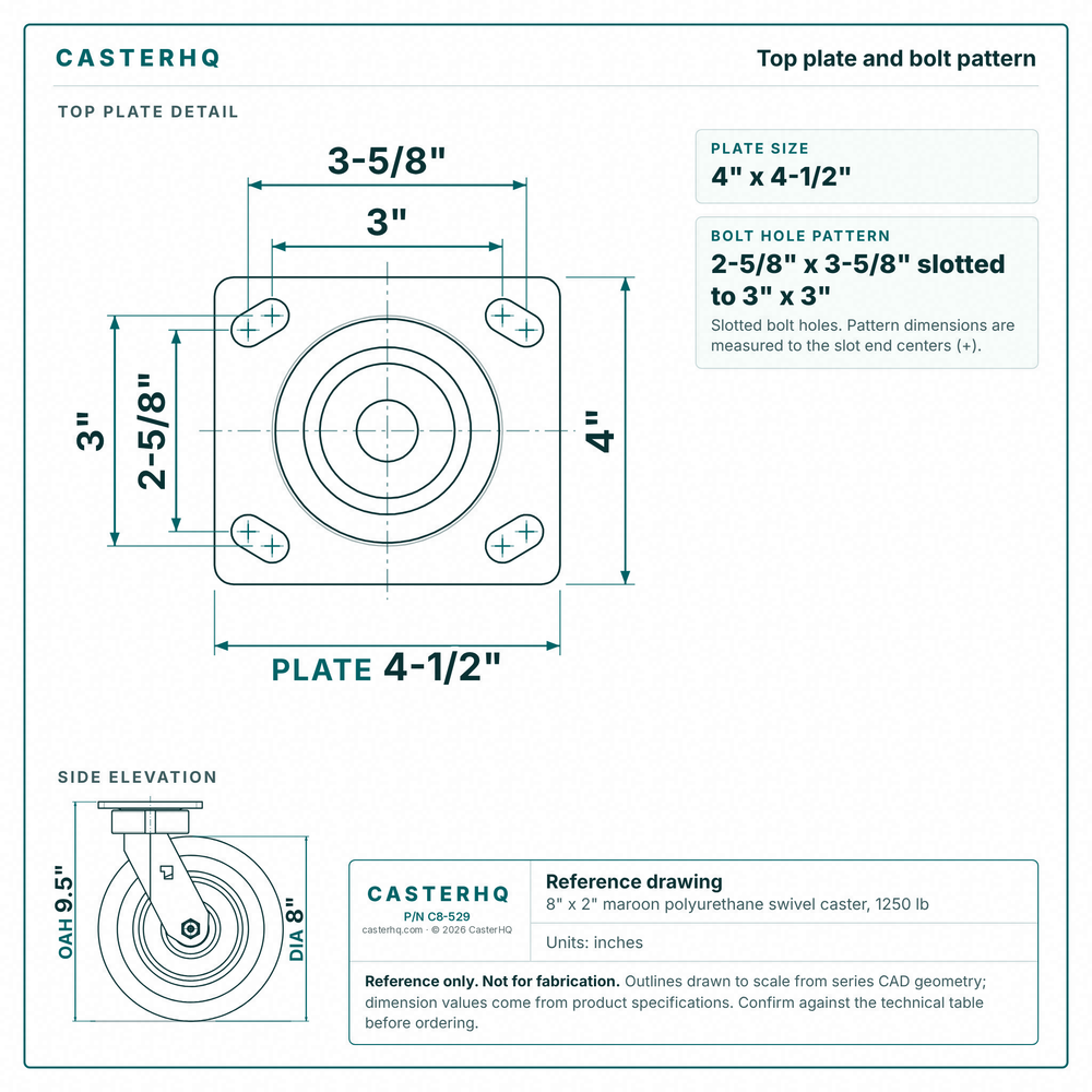 Top plate bolt pattern drawing, ["4\" x 4-1/2\""] plate, slotted bolt holes