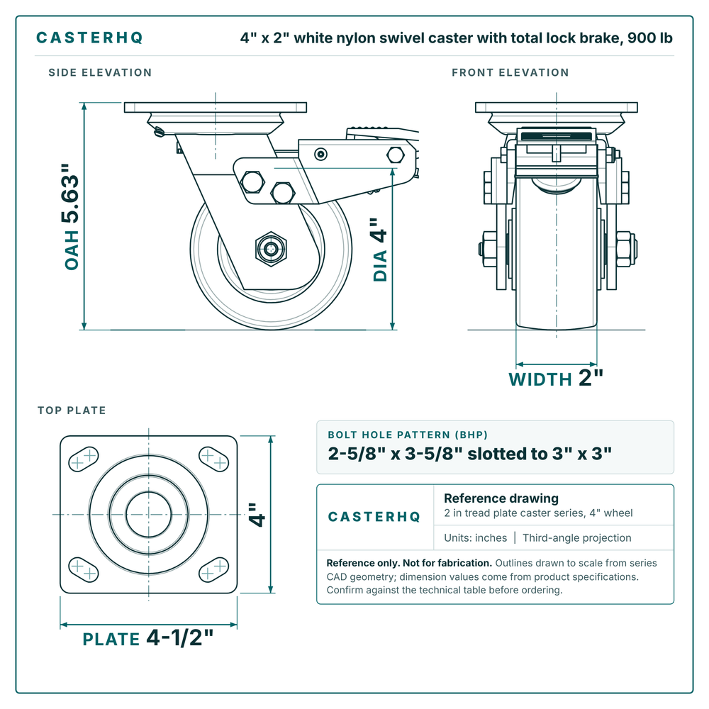 4 x 2 in white nylon swivel caster with total lock brake reference drawing, side, front and top plate views with dimensions