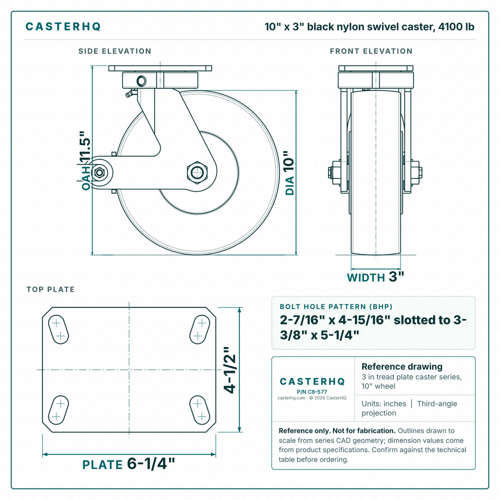 10 x 3 in black nylon swivel caster reference drawing, side, front and top plate views with dimensions