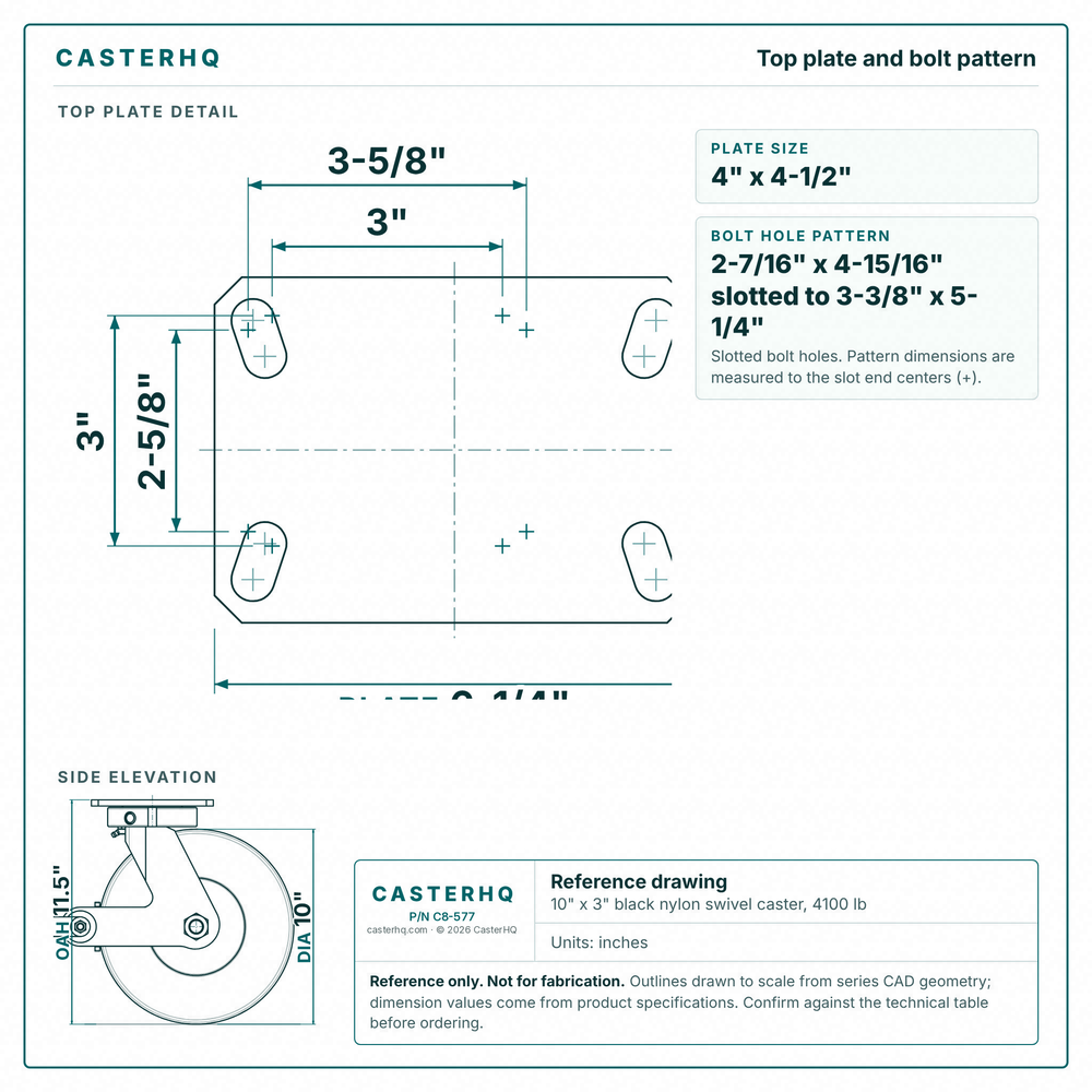 Top plate bolt pattern drawing, ["4-1/2\" x 6-1/4\""] plate, slotted bolt holes