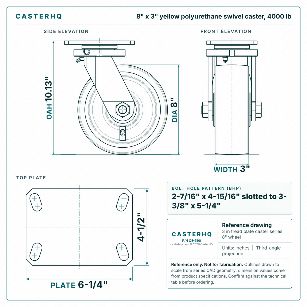 8 x 3 in yellow polyurethane swivel caster reference drawing, side, front and top plate views with dimensions